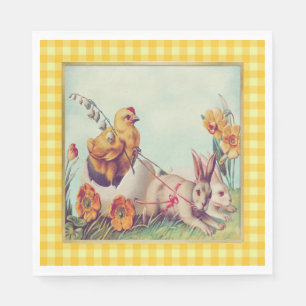 Vintage Easter Bunny & Chick in Buffalo Checks Napkin