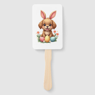 Vintage Easter Bunny Dog Cute Puppy Illustration w Hand Fan