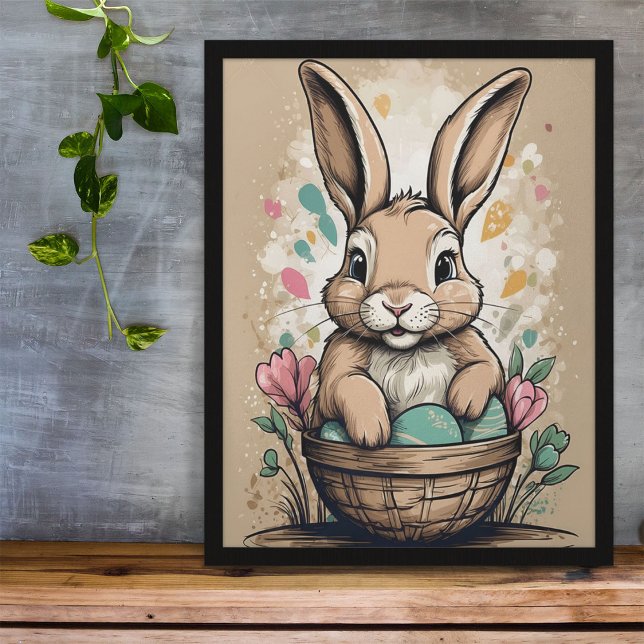 Vintage Easter Bunny Egg Basket Floral Spring Poster (Creator Uploaded)