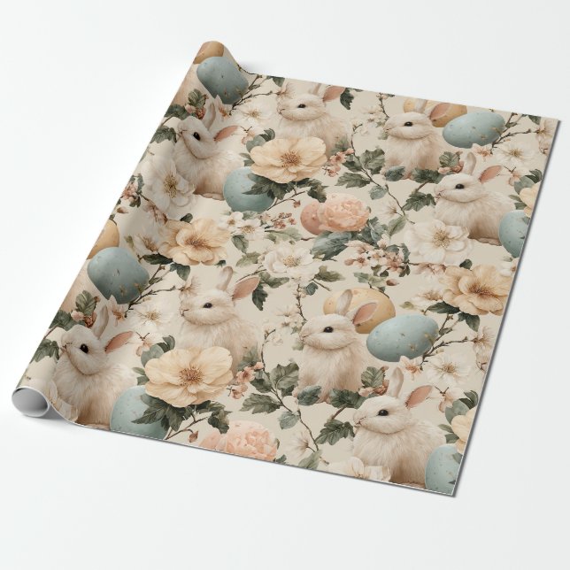 Vintage Easter Bunny Floral (1) Wrapping Paper (Unrolled)
