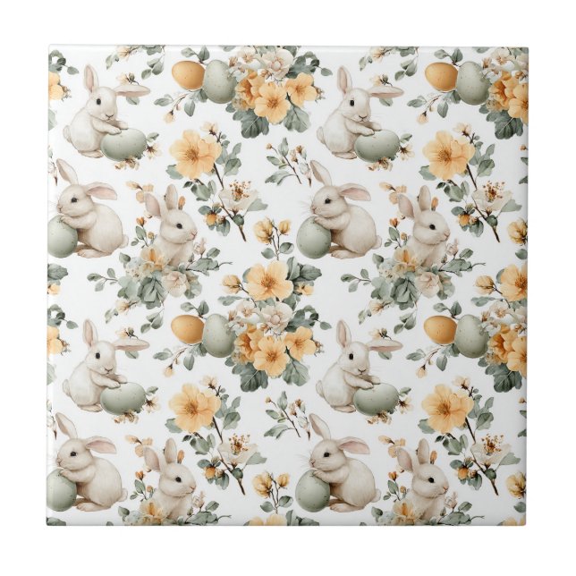 Vintage Easter Bunny Floral (2) Ceramic Tile (Front)
