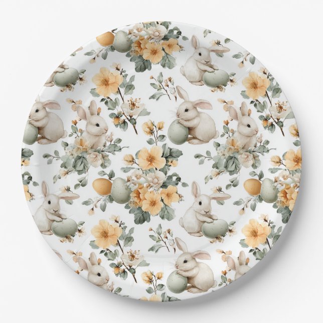 Vintage Easter Bunny Floral (2) Paper Plate (Front)