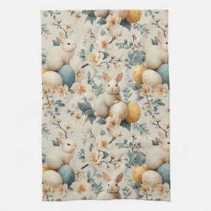 Vintage Easter Bunny Floral (3) Tea Towel