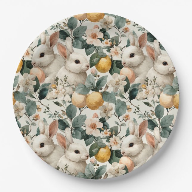 Vintage Easter Bunny Floral (9) Paper Plate (Front)
