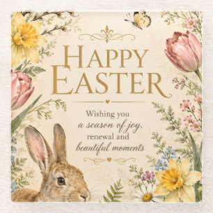 Vintage Easter Bunny Greeting Garden flowers Glass Coaster