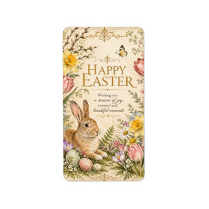 Vintage Easter Bunny Greeting Garden flowers Label