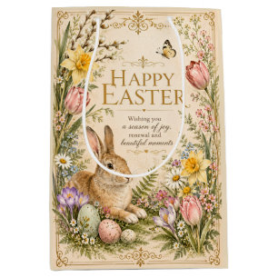 Vintage Easter Bunny Greeting Garden flowers Medium Gift Bag