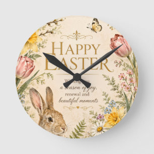 Vintage Easter Bunny Greeting Garden flowers Round Clock