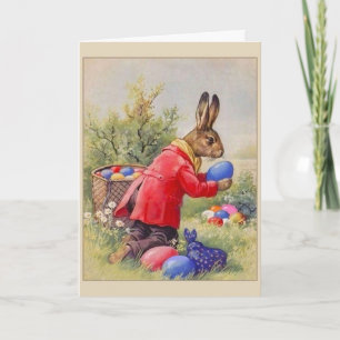 Vintage Easter Bunny Hiding Eggs, Holiday Card