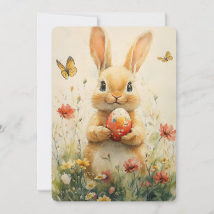 Vintage Easter Bunny Holding Egg in Wildflowers Holiday Card