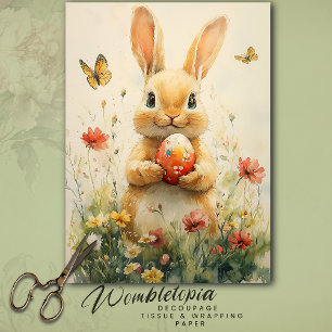 Vintage Easter Bunny Holding Egg in Wildflowers Tissue Paper