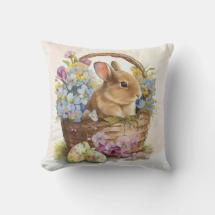Vintage Easter Bunny in basket with flowers Cushion