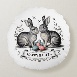 Vintage Easter Bunny Pair Illustration with Eggs Round Cushion