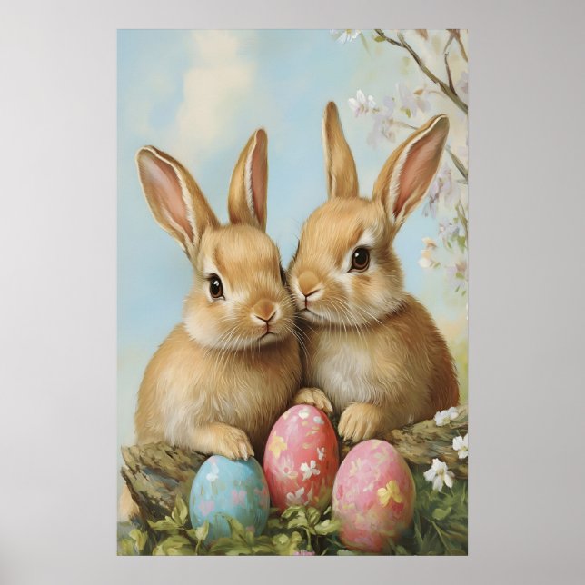 Vintage Easter Bunny Print, Pastel Flower Poster (Front)