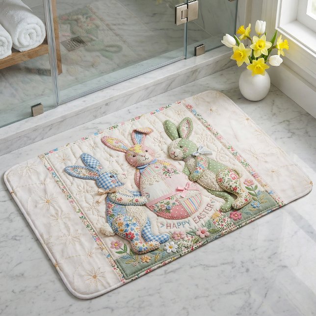 Vintage Easter Bunny Quilted Style Print Bath Mat (Creator Uploaded)