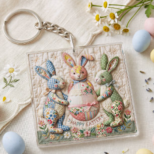 Vintage Easter Bunny Quilted Style Print Key Ring