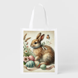 Vintage Easter Bunny Rabbit Egg Watercolor Reusable Grocery Bag