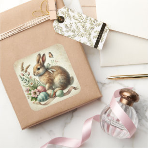 Vintage Easter Bunny Rabbit Egg Watercolor Square Sticker