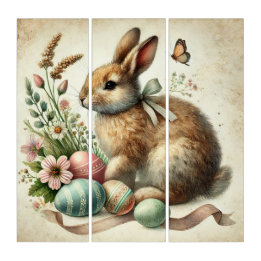 Vintage Easter Bunny Rabbit Egg Watercolor Triptych