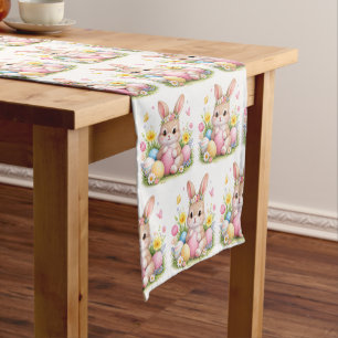 Vintage Easter Bunny Rabbit Pink Watercolor Short Table Runner