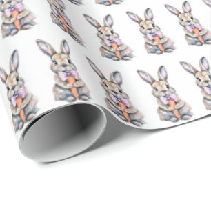 Vintage Easter Bunny Rabbit Pink Watercolor Wrapping Paper