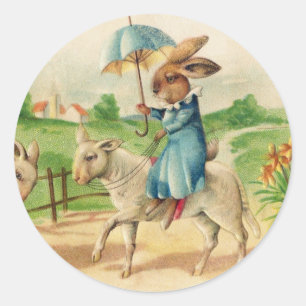 Vintage Easter Bunny Rabbit Riding Lambs Greetings Classic Round Sticker