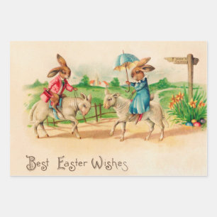 Vintage Easter Bunny Rabbit Riding Lambs Greetings Wrapping Paper Sheet