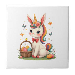 Vintage Easter Bunny Unicorn Pastel Floral Cartoon Ceramic Tile