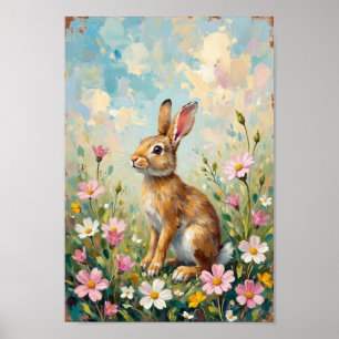 Vintage Easter Bunny Wildflower Art Poster