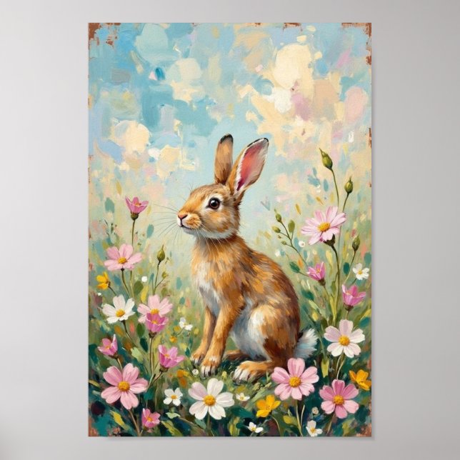 Vintage Easter Bunny Wildflower Art Poster (Front)