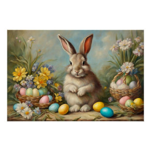 Vintage Easter Bunny with Easter Baskets, Flowers Poster
