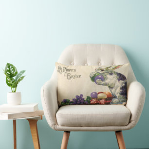 Vintage Easter Bunny with Easter Eggs in a Basket Lumbar Cushion