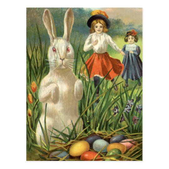 Vintage Easter Bunny with Eggs and Children Postcard