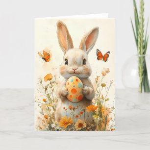 Vintage Easter Bunny with Painted Egg & Wildflower Holiday Card