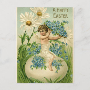 Vintage Easter Cherub With Flowers Postcard