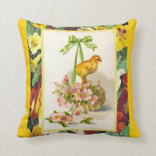 Vintage Easter, Chick  and pink flowers Cushion
