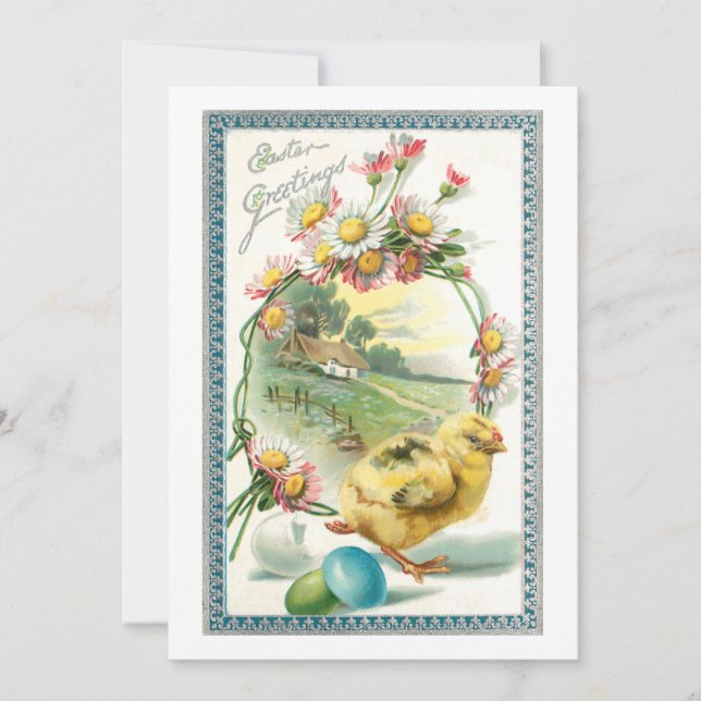 Vintage Easter Chick, Greeting and Daisies Holiday Card (Front)