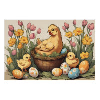 Vintage Easter Chicken Family in Spring Garden