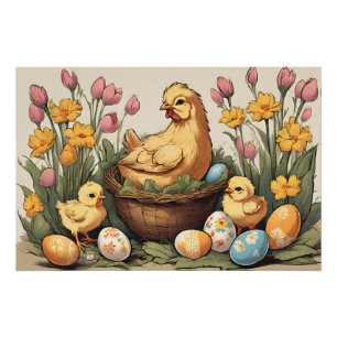Vintage Easter Chicken Family in Spring Garden  Poster