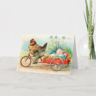 Vintage Easter Chicken Riding a Bicycle Easter Egg Card