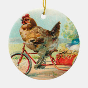Vintage Easter Chicken Riding a Bicycle Easter Egg Ceramic Ornament