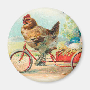 Vintage Easter Chicken Riding a Bicycle Easter Egg Magnet
