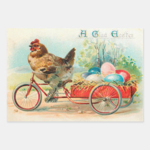 Vintage Easter Chicken Riding a Bicycle Easter Egg Wrapping Paper Sheet