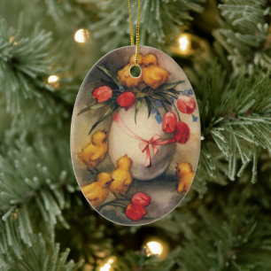 Vintage Easter Chicks, Egg with Red Tulip Flowers Ceramic Tree Decoration
