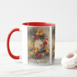 Vintage Easter Chicks, Egg with Red Tulip Flowers Mug