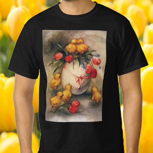 Vintage Easter Chicks, Egg with Red Tulip Flowers T-Shirt