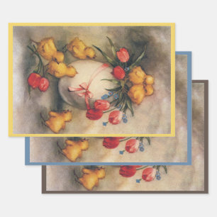 Vintage Easter Chicks, Egg with Red Tulip Flowers Wrapping Paper Sheet