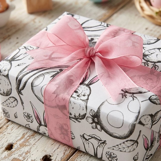 Vintage Easter Chicks Hand-Drawn Cottagecore Wrapping Paper (Cute Vintage Easter Chicks Pink Rabbit Ears Illustration Gift Wrap Black and White Cottagecore Kids)