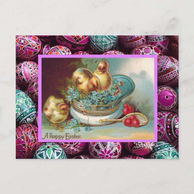 Vintage Easter, Chicks in a hat Holiday Postcard (Front)