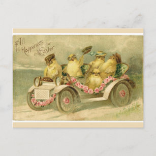 Vintage Easter Chicks in Antique Car Postcard
